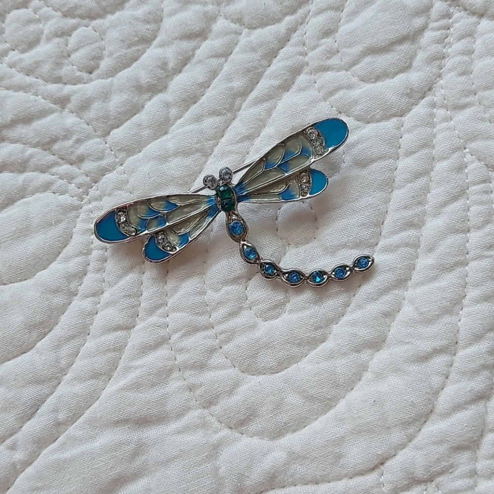 Blue dragonfly brooch with rhinestone details